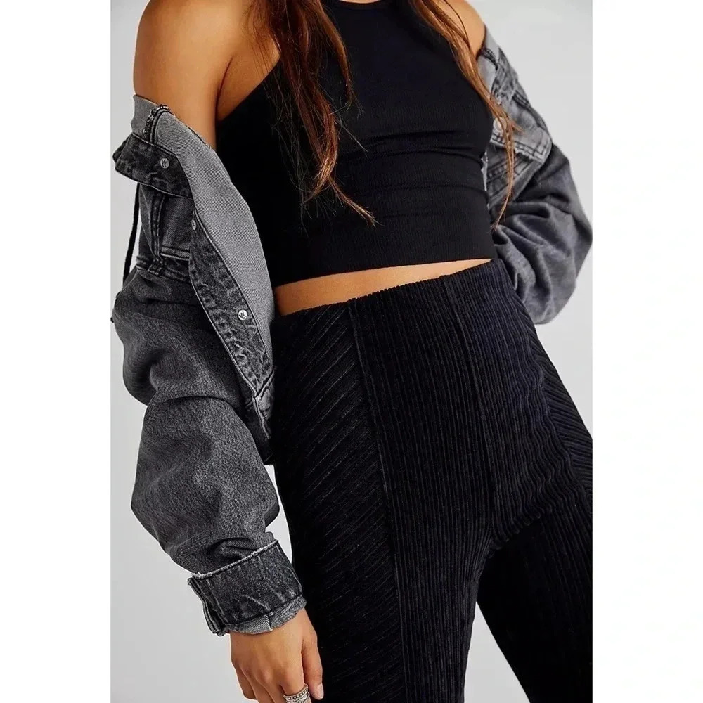New Free People Slim Pull-On Velvet Flare Pants Black XS - Picture 14 of 14